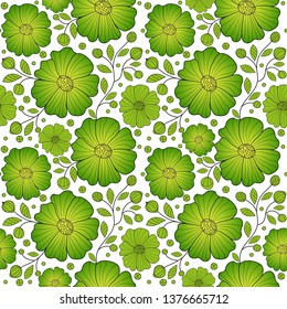 Seamless pattern with green gradient flowers and leaves on a transparent background. Vector image. Eps 10