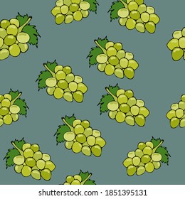 Seamless pattern with green grape on blue background. Rich grape