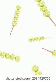 Seamless pattern of green grape tanghulu with glossy candy coating on a white background. Great for food-themed fabric prints and wallpapers.