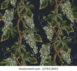 Seamless pattern with green grapes branches. Vector
