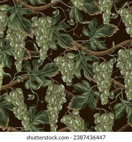 Seamless pattern with green grapes branches. Vector