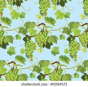 Seamless pattern with green grapes and leaves on blue background. Element for restaurant, bar, cafe menu or label.