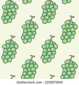 Seamless pattern green grapes line doodle hand drawing abstract isolated on yellow background