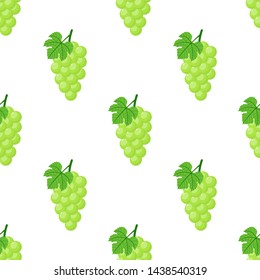Seamless pattern with green grapes on white background. Bunch of purple grapes with stem and leaf. Cartoon style. Vector illustration for design, web, wrapping paper, fabric, wallpaper.