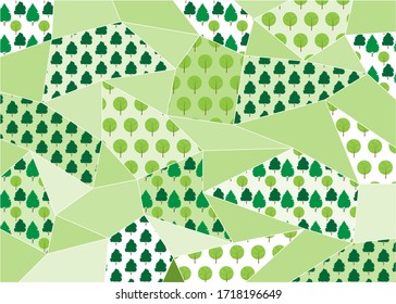 Seamless pattern of green graphic different trees with abstract geometric polygonal. Natural forest flat modern style Concept design for paper wrapping, wallpaper, poster and cover template background