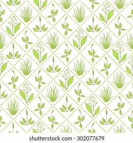Seamless pattern with green grass and diagonal dashed lines on white background 
