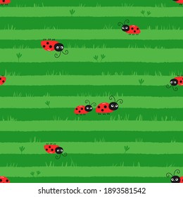 Seamless pattern with green grass lawn with ladybug background vector illustration.