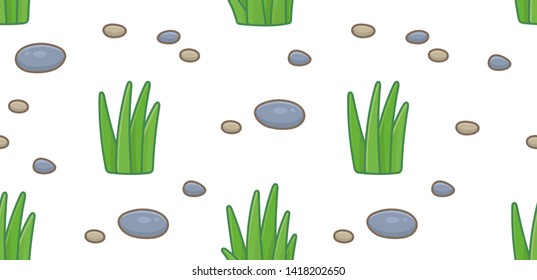 Seamless pattern with green grass and stones. isolated on white background