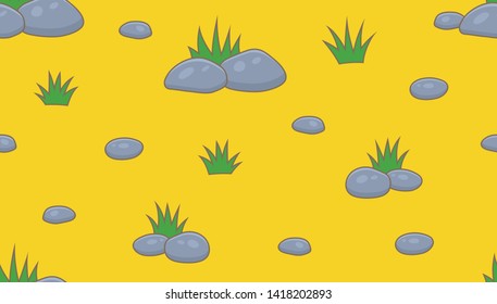 Seamless pattern with green grass and stones. isolated on yellow background