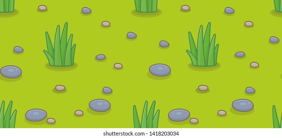 Seamless pattern with green grass and stones. isolated on green background