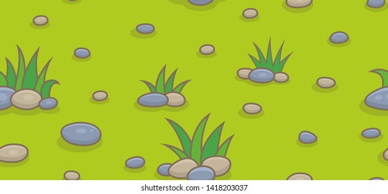 Seamless pattern with green grass and stones. isolated on green background