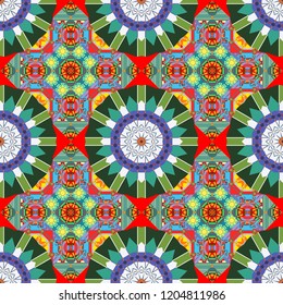 Seamless pattern in green, gray and blue colors. Vector abstract home decorative ornament, Containing from geometric figures and mandalas.