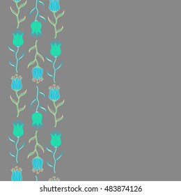 Seamless pattern with green, gray and blue tulip flowers, vector floral illustration in vintage style.
