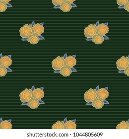 Seamless pattern with green and gray rose flowers, vector floral illustration in vintage style.
