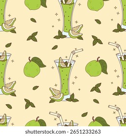 Seamless Pattern Green Guava Drink with tropical Fruit slices and Mint leaves on Yellow Background. Summer Refreshing Cocktail with glass and straw. Vector illustration