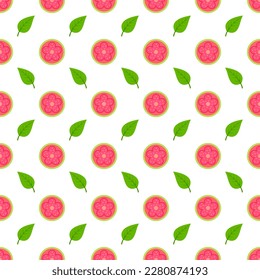 Seamless pattern green guava and flowers cartoon vector print.