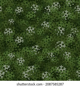 Seamless pattern. Green halftones multicolored snowflakes. Fashionable camouflage for urban and suburban clothing. Random festive flat background