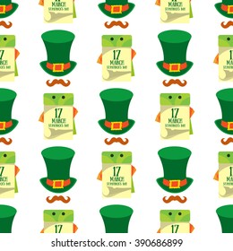 Seamless pattern with a green hat and a calendar on 17 March.