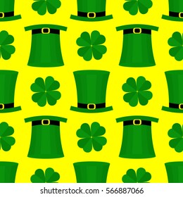 Seamless pattern with green hat and shamrock for St. Patricks Day. St. Patrics Day background for cards, invitations.