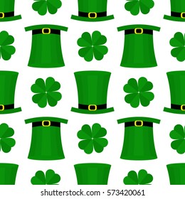 Seamless pattern with green hat and shamrock for St. Patrick`s Day. St. Patric`s Day background for cards, invitations.