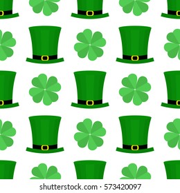 Seamless pattern with green hat and shamrock for St. Patrick`s Day. St. Patric`s Day background for cards, invitations.