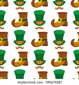 Seamless pattern with a green hat and shoes leprechaun.