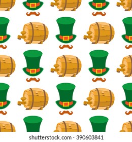 Seamless pattern with a green hat and a wooden beer barrel.
