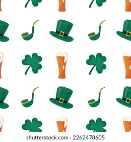 Seamless pattern with green hats, beer, shamrock, smoking pipe. Saint patricks day attributes. Flat style vector
