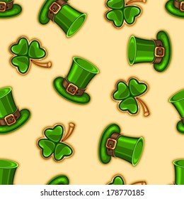 Seamless pattern with green hats and shamrocks for St. Patrick's day