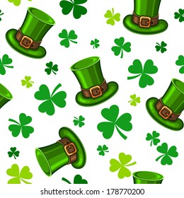 Seamless pattern with green hats and shamrocks for St. Patrick's day