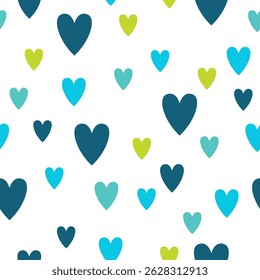 Seamless pattern with blue and green hearts on white background. Design for greeting cards, textiles, gift wraps, baby shower and prints