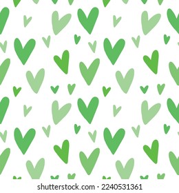 Seamless pattern with green hearts on white background. Simple doodle cartoon flat love concept for texture, wrapping paper, wallpaper. Concept of nature friendly, save planet, ecology, health.