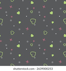 Seamless pattern with green hearts, pink crosses and gray dots on dark background for cute romantic wrapping, textiles or wallpapers