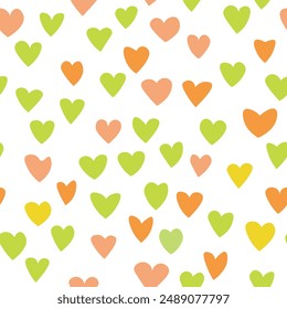 Seamless pattern with green hearts. Template holiday vector illustration. Design for card, postcard, poster, print, banner. Cartoon colorful hearts on white background.