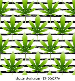 Seamless pattern with green hemp leaves