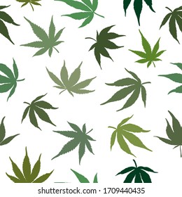 Seamless pattern of green hemp leaves on a white background. ganja pattern. Vector illustration.pattern of marijuana