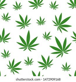 Seamless pattern with green hemp on white background.
