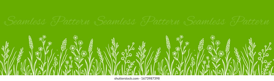 seamless pattern with green herbs, grass and flowers