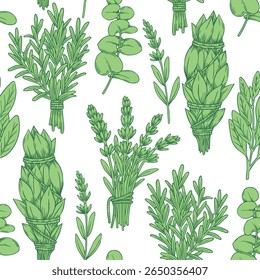 padrão sem costura com ervas verdes no estilo de esboço. alecrim, lavanda, sábio. ilustração vetorial no estilo de esboço.