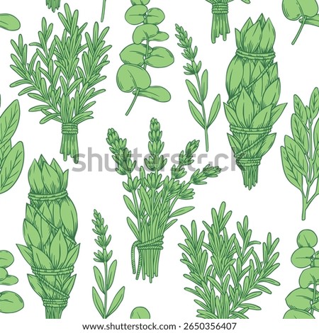 seamless pattern with green herbs in sketch style. rosemary, lavender, sage. vector illustration in sketch style.