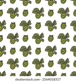 Seamless Pattern of Green Hops Fruits with Leaves. This seamless pattern is perfect for beer, brewing, nature-themed designs, packaging, and creative projects.