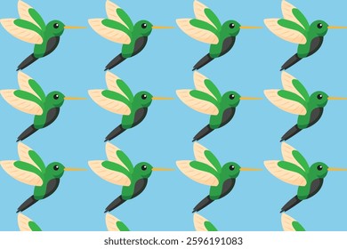 Seamless pattern of green hummingbirds flying on a blue background. Ideal for fabric, wallpaper, and digital designs.