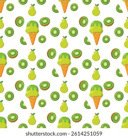 Seamless pattern with green ice cream, kiwi and pears on white background, perfect for summer packaging, fabric, kids products, wallpapers and wrapping paper