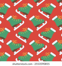 Seamless pattern of green ice skates with yellow laces on a red background in a flat design style.