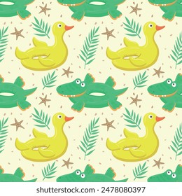 Seamless pattern with green inflatable crocodile and yellow duck. A float for the pool. Inflatable colorful crocodiles and a duck. A swimming circle. Vector template for your summer beach design