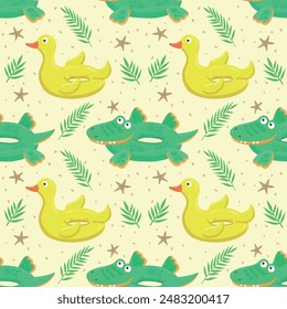 Seamless pattern with green inflatable crocodile and yellow duck. A float for the pool. Inflatable colorful crocodiles and a duck. A swimming circle. Vector template for your summer beach design