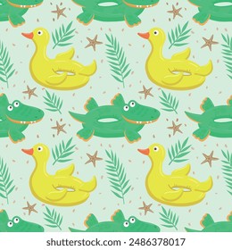 Seamless pattern with green inflatable crocodile and yellow duck. A float for the pool. Inflatable colorful crocodiles and a duck. A swimming circle. Vector template for your summer beach design