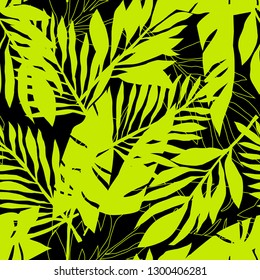 Seamless pattern of green jungle leaves silhouettes, shadow.