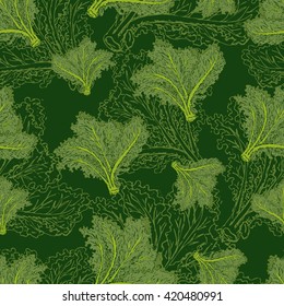 Seamless pattern with green kale. Fresh leafy vegetable, plant. Vector texture illustration. Healthy, green, vegetarian food wallpaper, kale ornamental background. Hand drawn kale leaves pattern.
