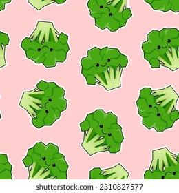 Seamless pattern of green kawaii broccoli on a pink background